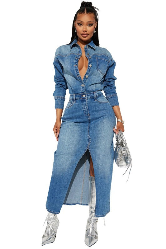 Stylish Long Sleeve Denim Maxi Dress with Cut Off Front
